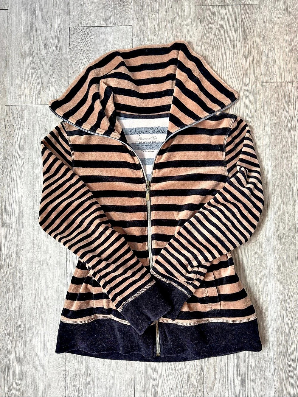 Petite Striped Zip Hoodie in Pink & Black Size Medium